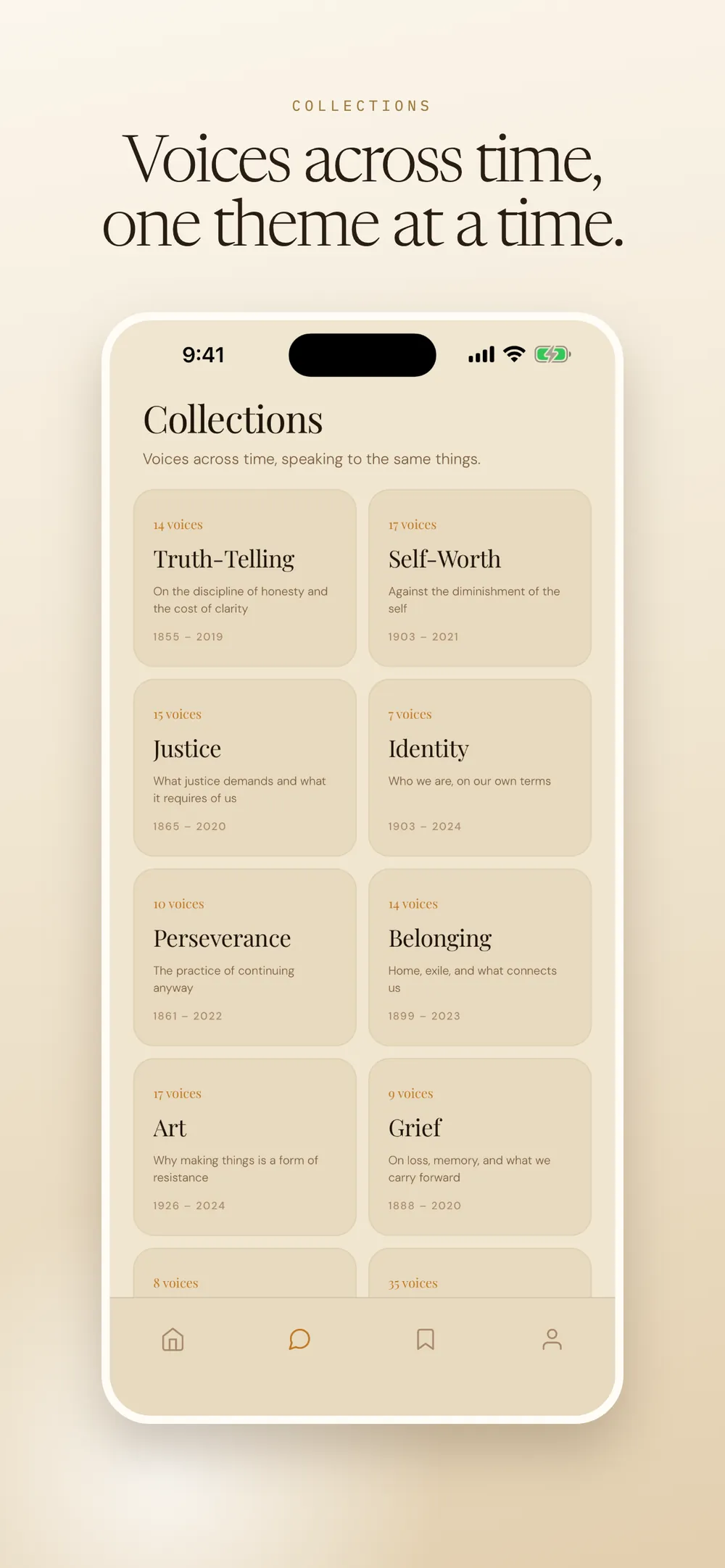 Collections — voices grouped by theme